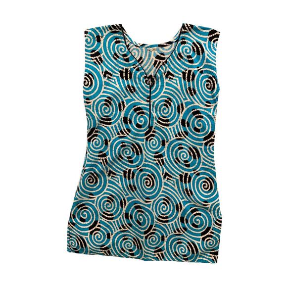 Size 4 Vintage Print Mini Dress Cover Up Blue Retro Sleeveless - Picture 1 of 8
